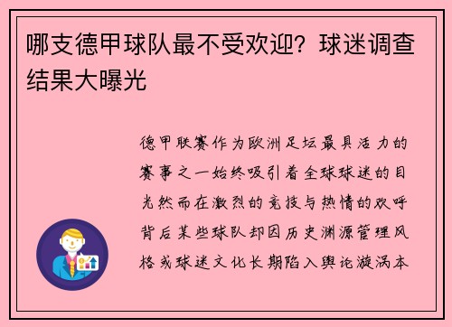 哪支德甲球队最不受欢迎？球迷调查结果大曝光